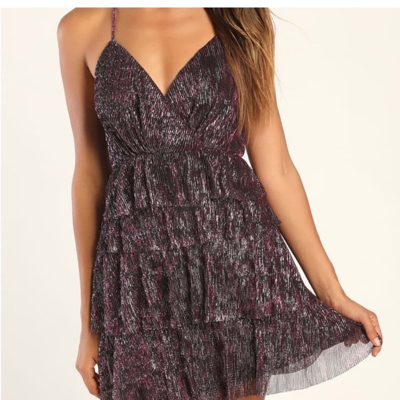 Lulu's Metallic Purple Tiered Mini Dress - Picture 3 of 16